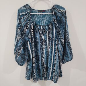 Womens Top Size 2X Blue Animal Print Leopard Striped Peasant Sheer‎